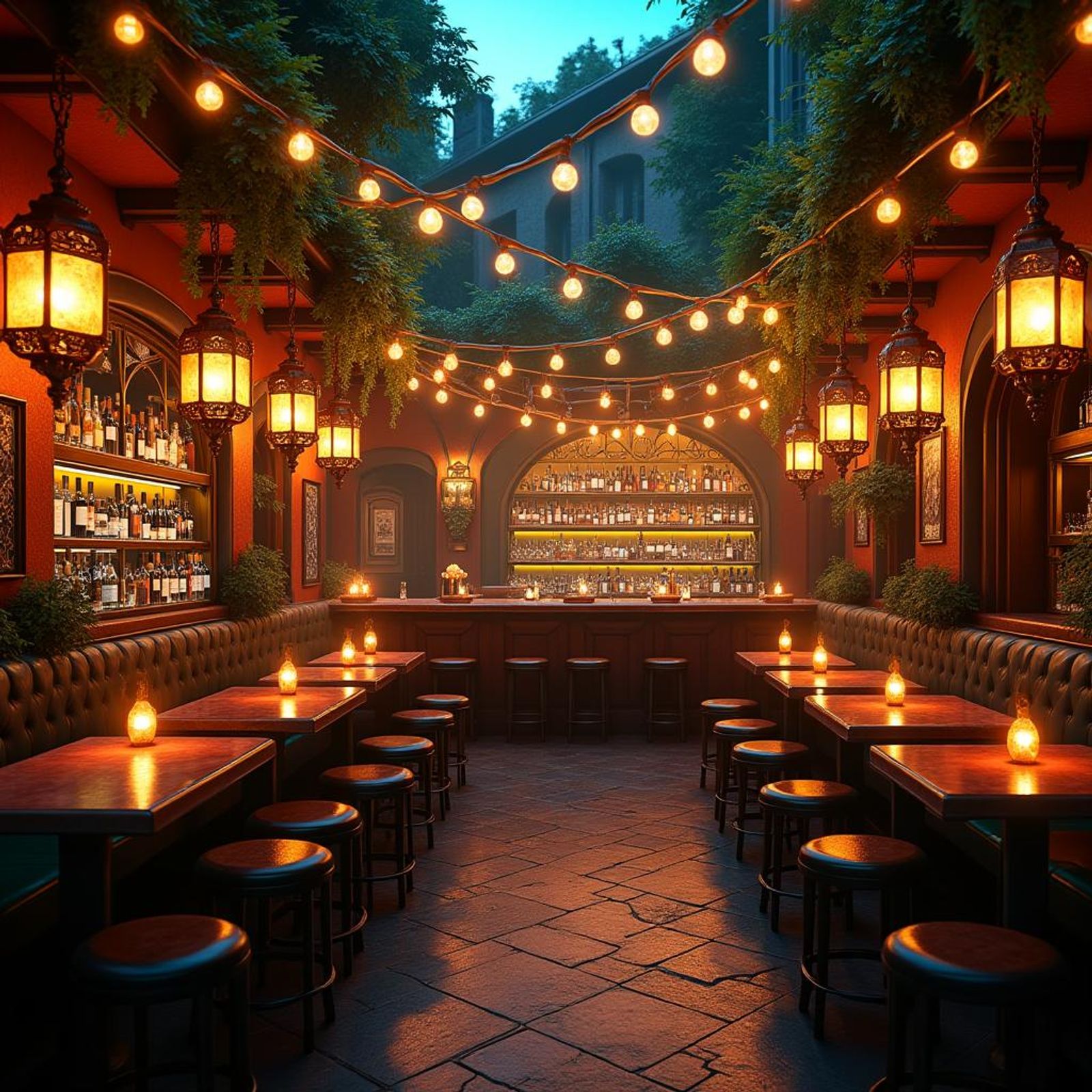 Lively tapas bar with worldy foods, and lots of wine bottles in the