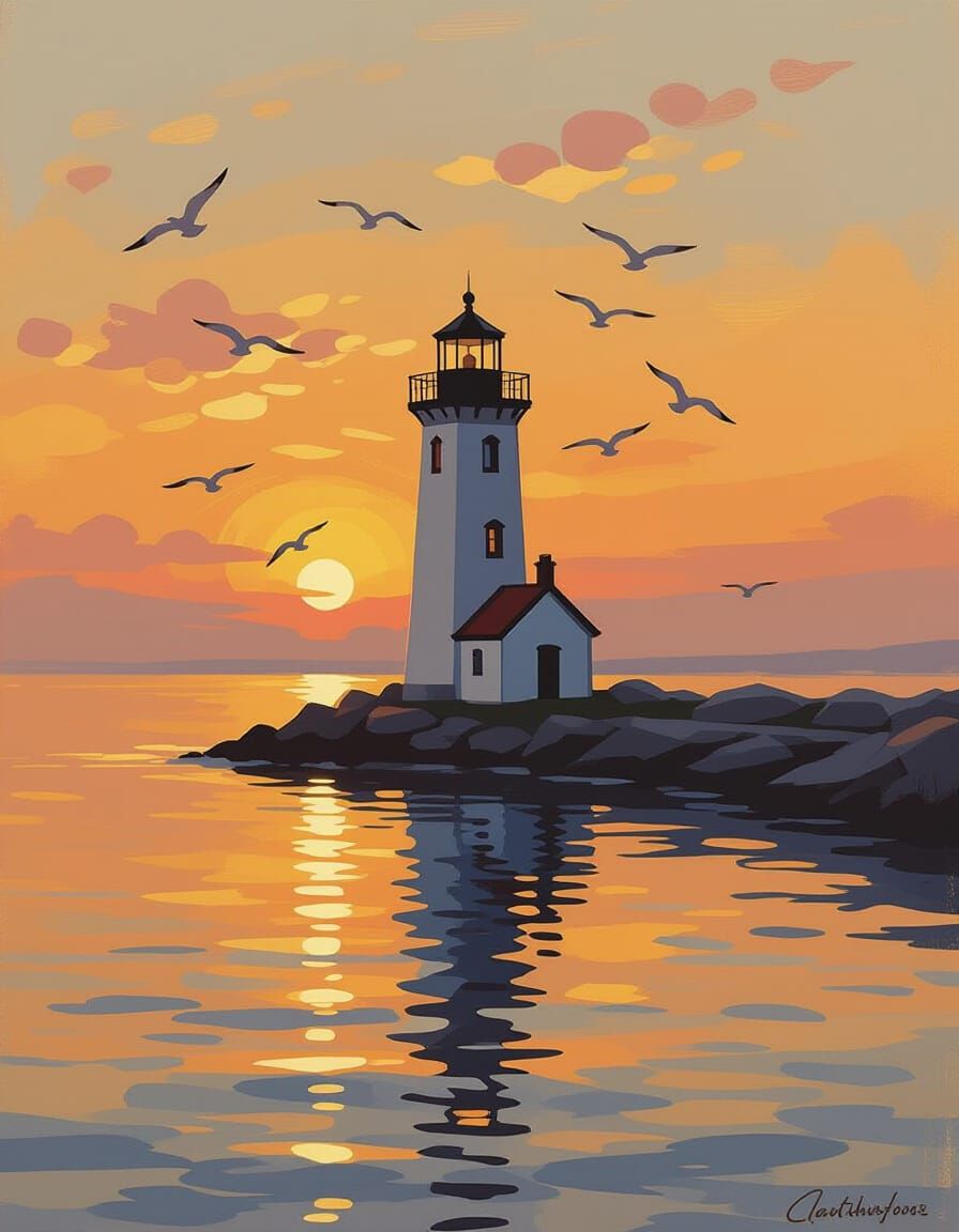 A solitary lighthouse at sunset, seagulls circling, warm golden light reflecting on calm waters — soft ...  by @Veralith