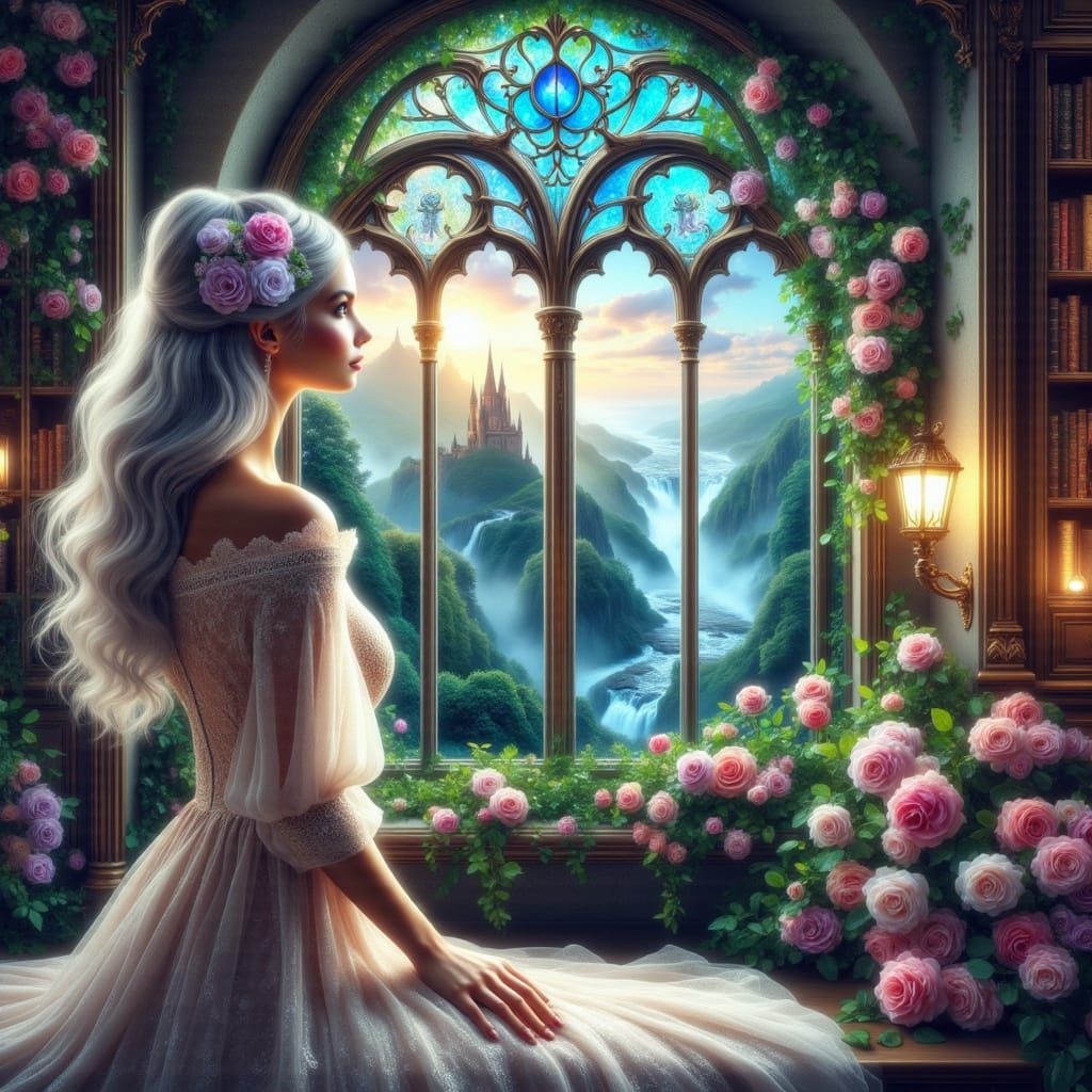 <lora:FiosWindowMagic:1.0> <windowmagic> A lady in a bedroom, wearing a flowing  dress, looking out of a magical large window with stained g...
