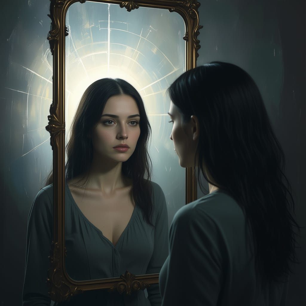 Mirror now reflects a woman’s inner struggle—dim light, faint halo of hope forming behind her reflection.

Art Style: Cinematic surreal real...