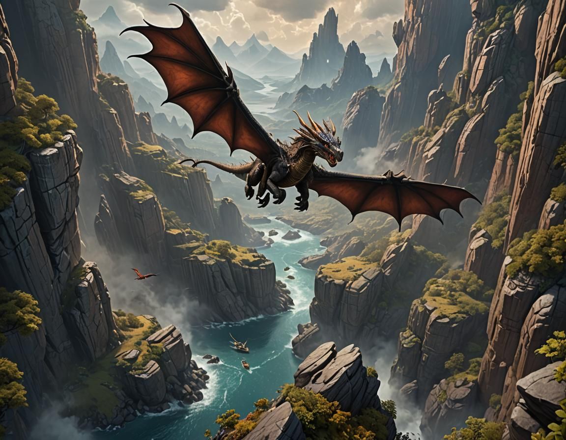 Dragonrider of pern, flying low over the rocks.