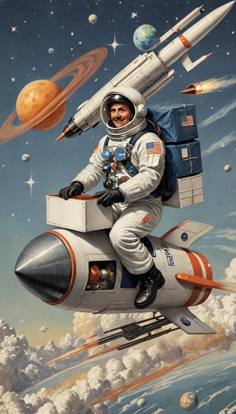 A postman dressed like an astronaut rides a rocket.