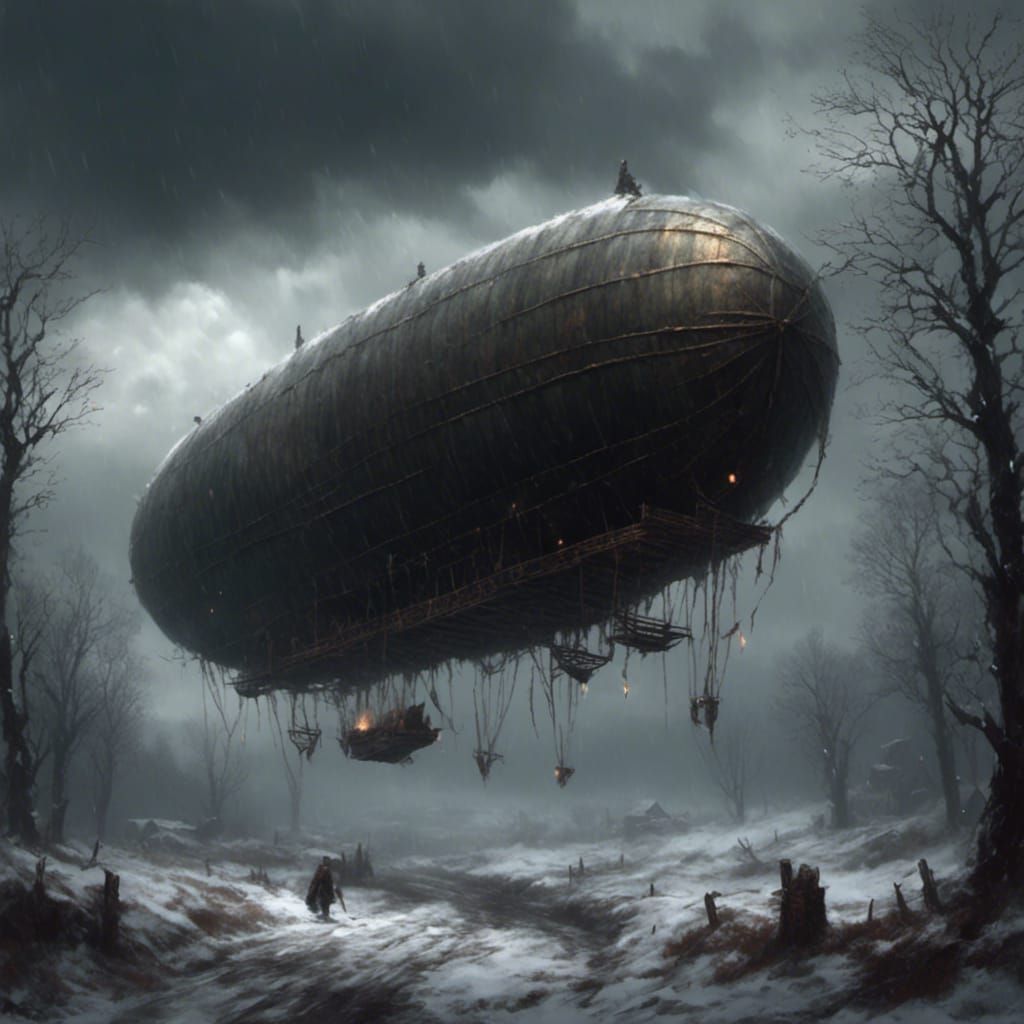 Airship. Winter woodland, dark atmosphere, dark clouds. - AI Generated ...