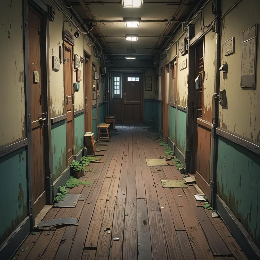A dirty hallway with chipped paint walls and old woods floor...