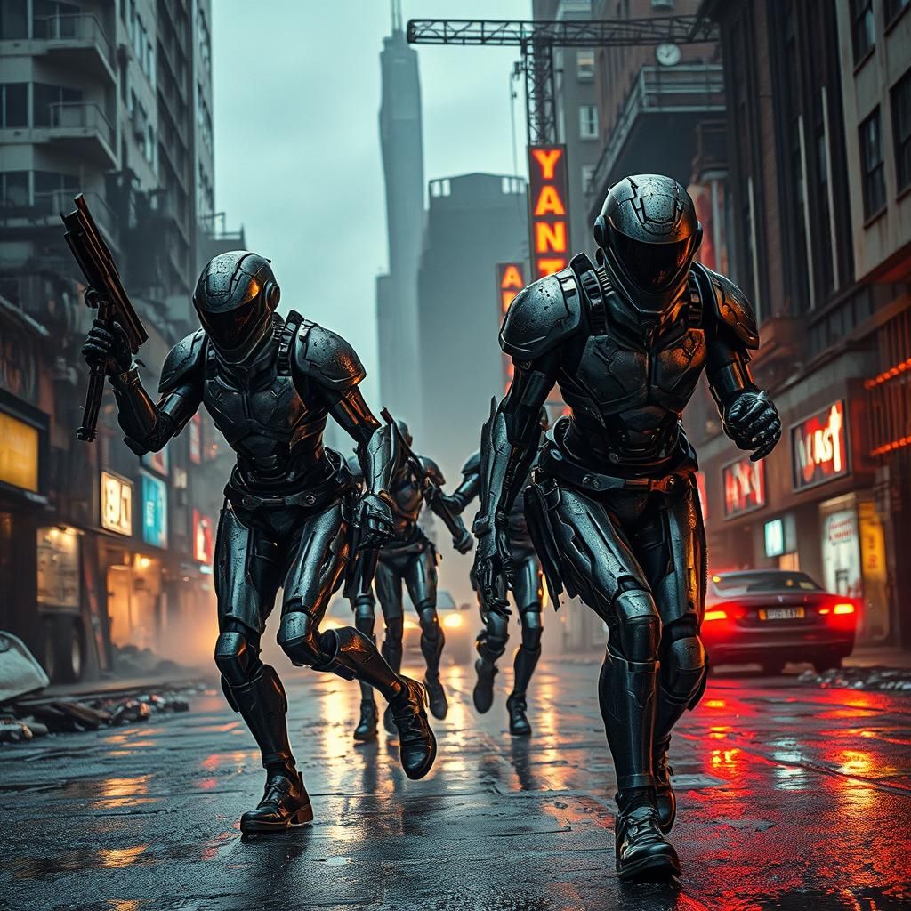 Cybernetic Warriors Clash in Dystopian Cityscape