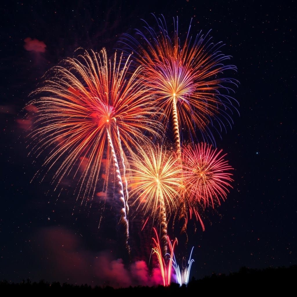 Vibrant Fireworks Explode in a Starry Night Sky