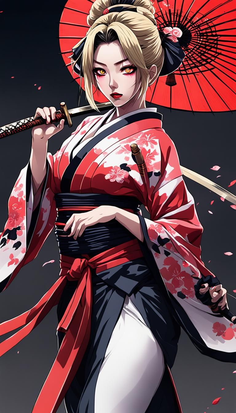 geisha samuray with katana and blood 
