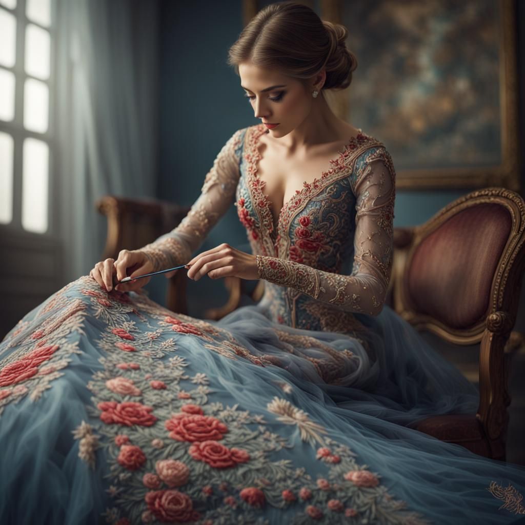 beautiful lady Intricately embroidering a gown  by @Fritholf