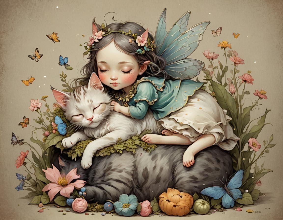 tiny fairy girl sleeping on top of a cat