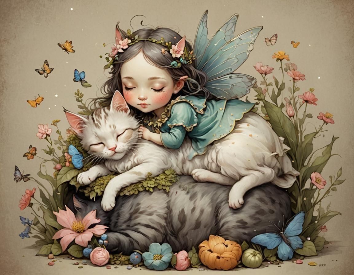 tiny fairy girl sleeping on top of a cat