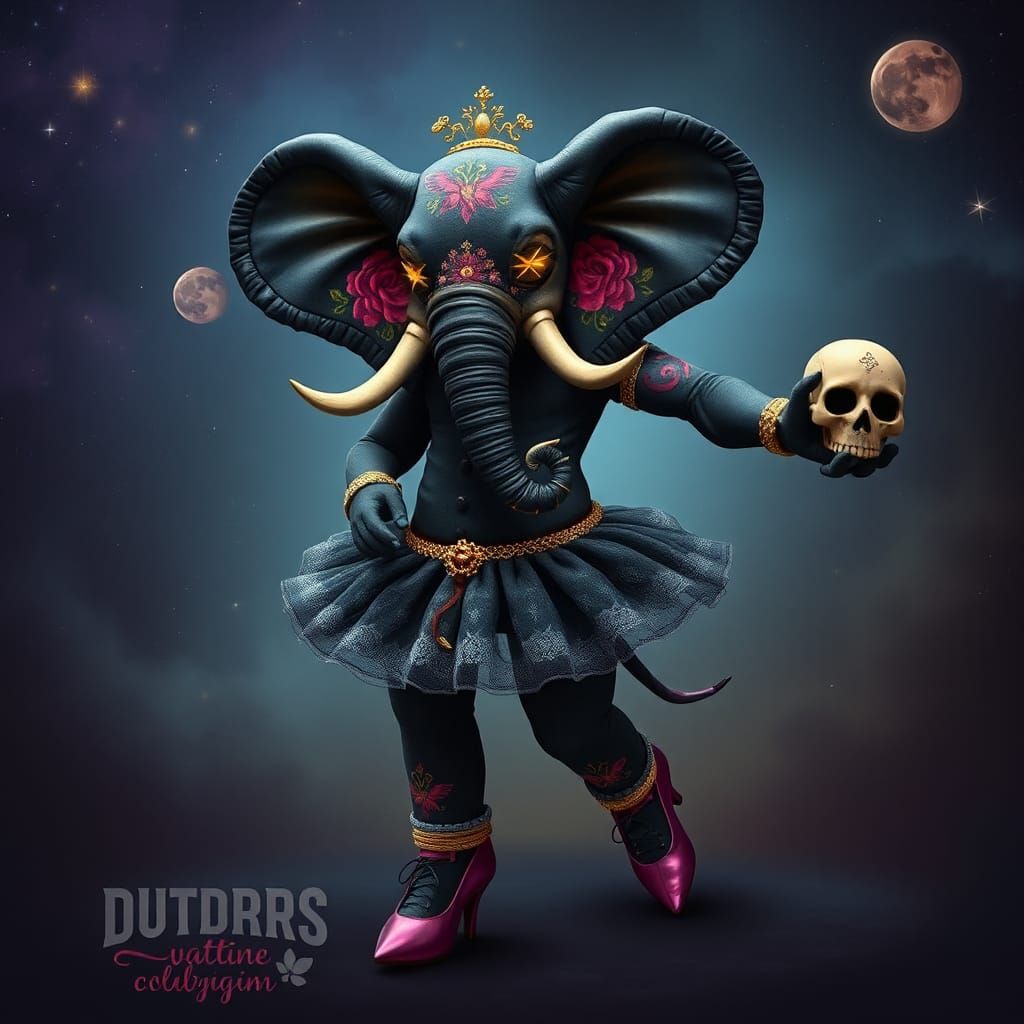A muscular ballerina elephant made of dark fabric wearing high heels, glowing cross stitched eyes, floral tattoos on stitched skin, abundant...