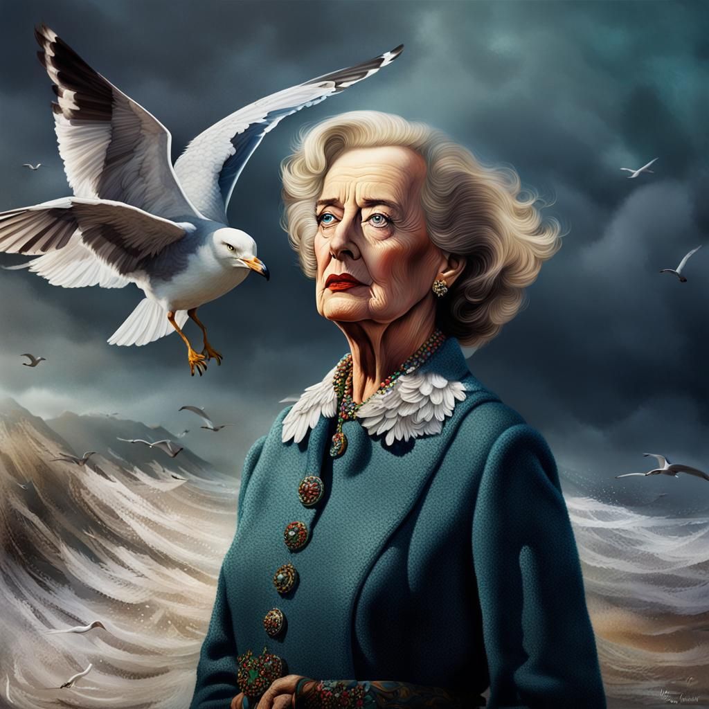 Seagull has the body of a bird and the face of elderly actor Bette Davis. Bette Davis' hair is made out of seagull feathers 