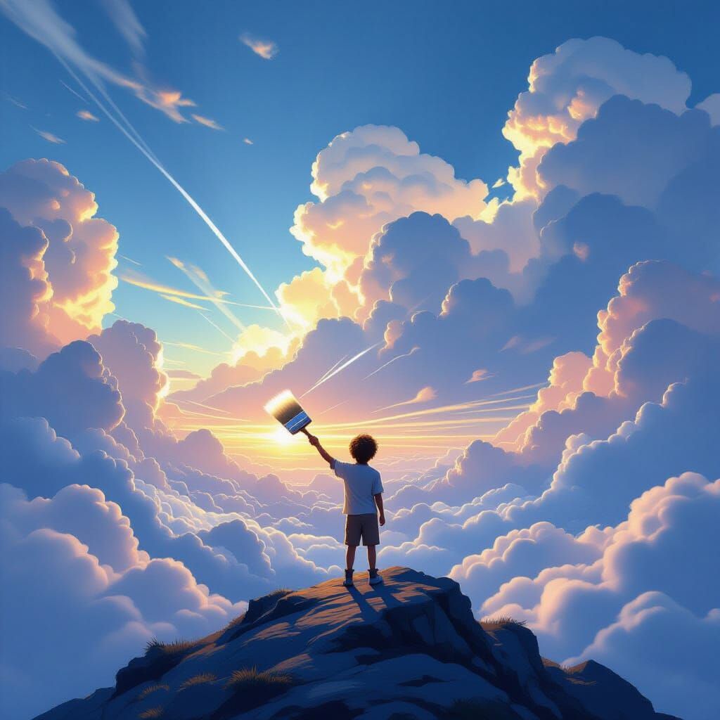 Boy Creates Sky Art on Mountain Peak