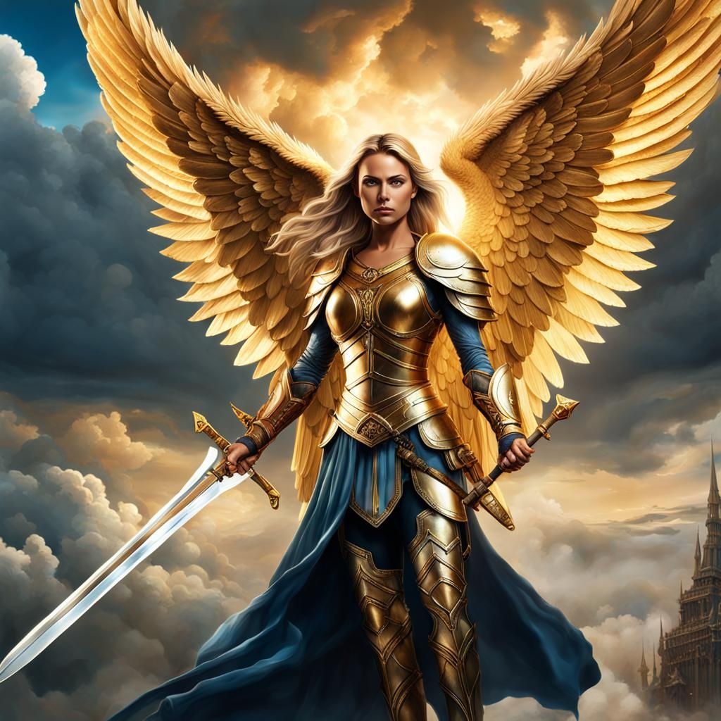 A woman who look like Lara Logan, who is an angel wearing armor and ...