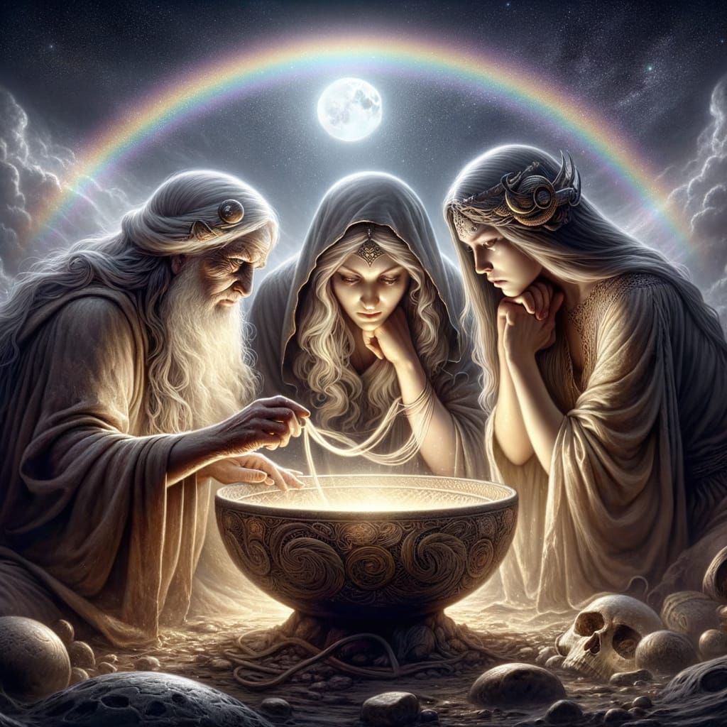 The Three Norns as Mother, Maiden, And Crone, looking into a...