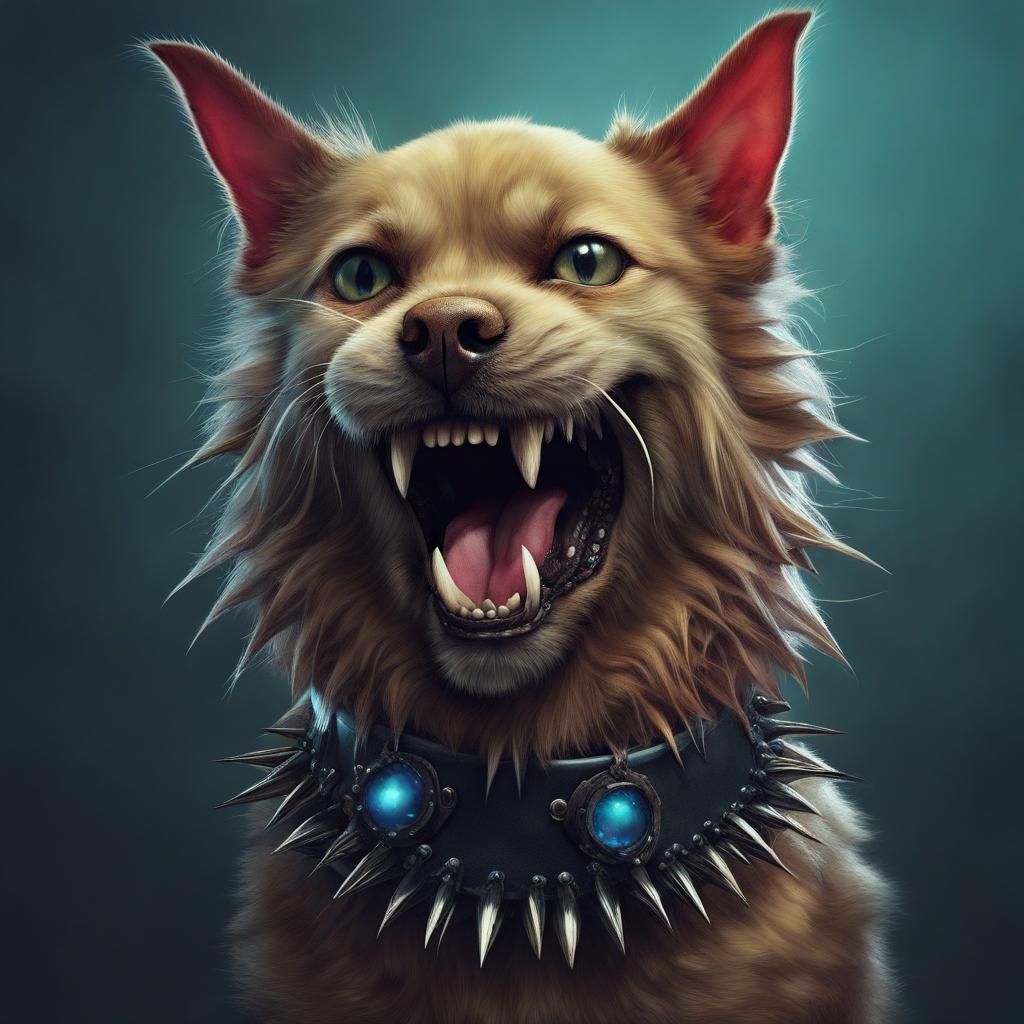 A creature that is half-cat and half-dog, creepy, scary, spi...
