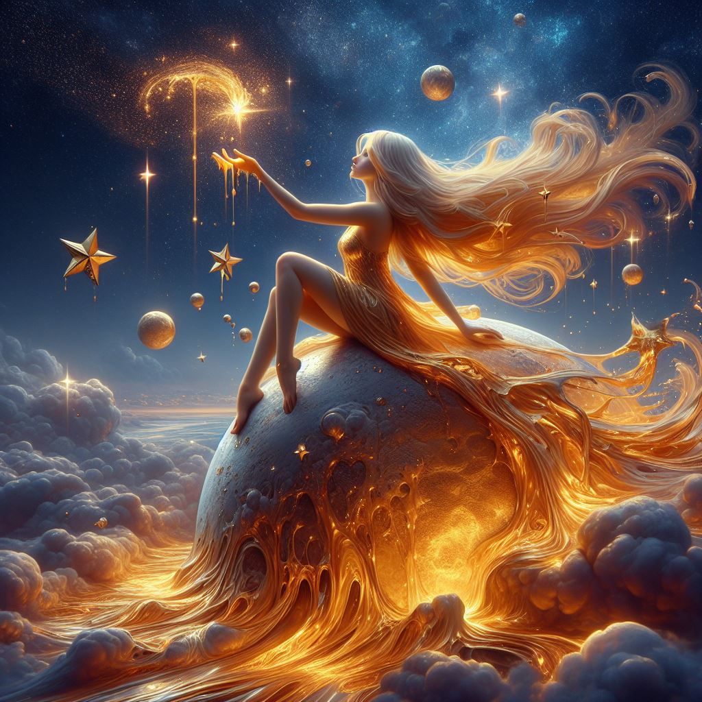 Golden haired woman sitting on the moon and playing with sta...