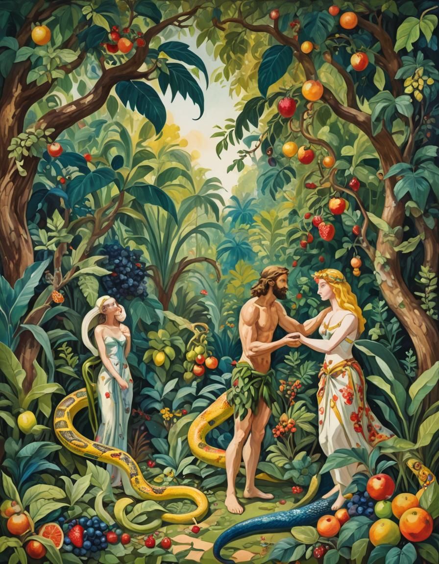 Adam and Eve and some one being eaten by the serpent