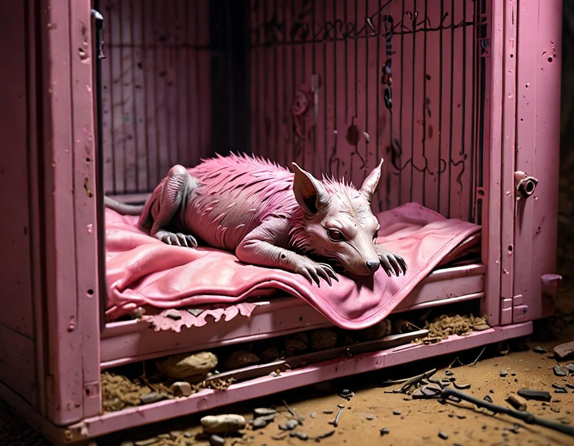 one adorable and cute chupacabra sleeping in a pink kennel