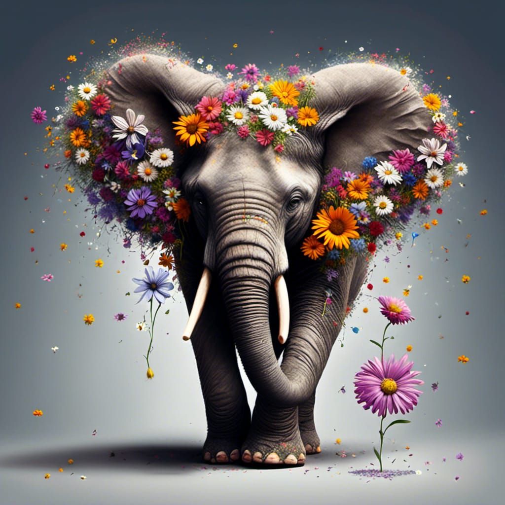 <lora:Flowers:1.0> Baby magic elephant  made from flowers casting a spell of flowers magical flower effects