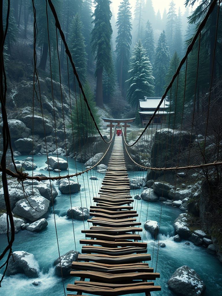 Vine bridge over glacial stream in winter leading to shrine through forest  by @5ibah