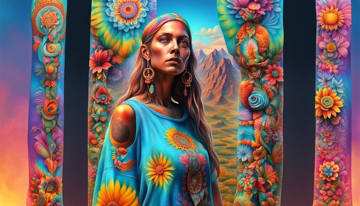 Statuesque Hippie woman,tattoos, full body portrait front facing,ultra ...