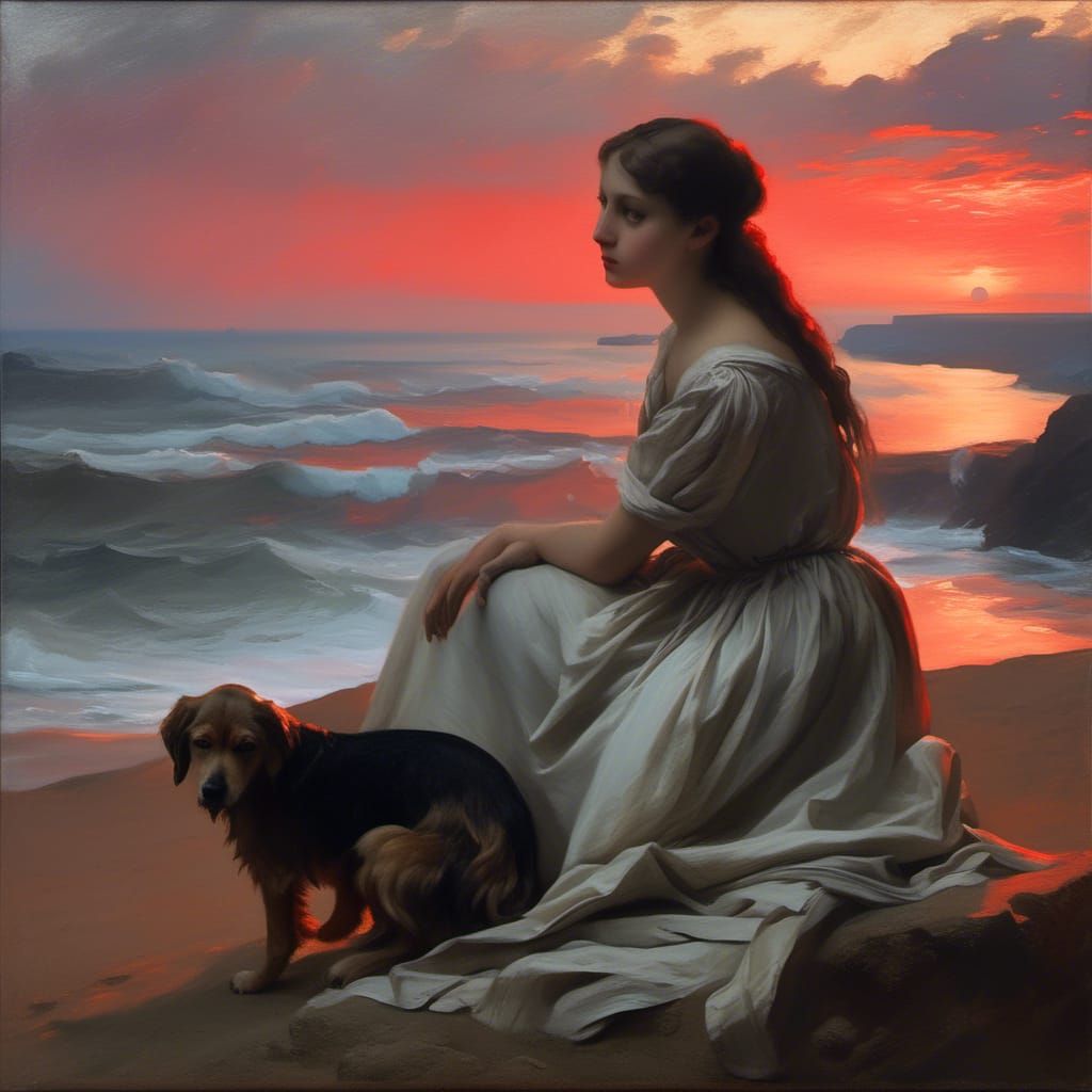 cinematic action academic art oil painting neoclassical; closeup, A gentle cute girl with her dog, sitting on coastal scenery red intense ch...