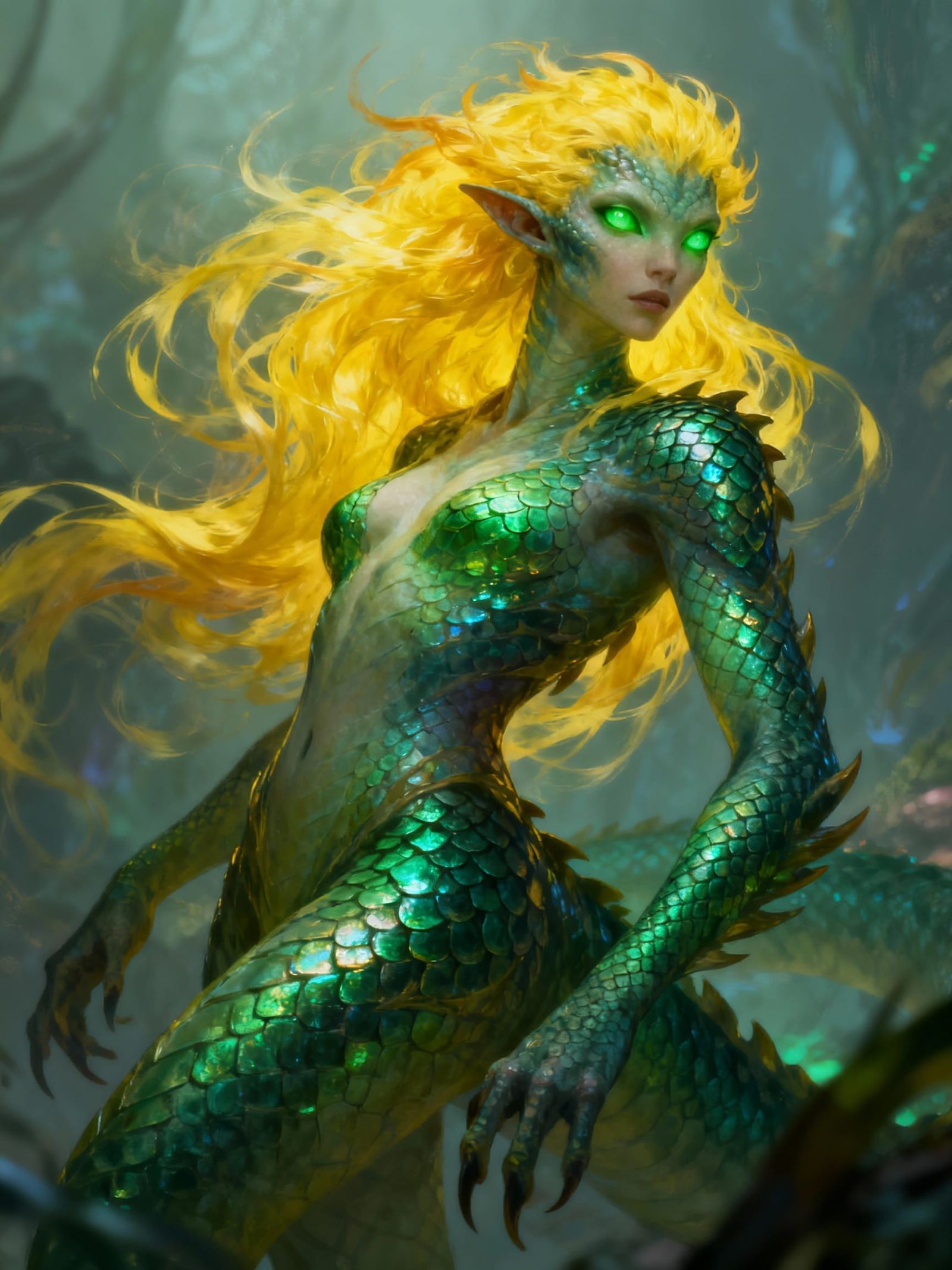 Feral Alien with Fiery Mane and Emerald Scales