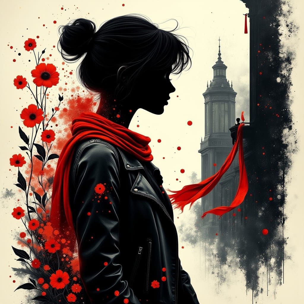 Woman with Red Scarf in Stylized Cityscape