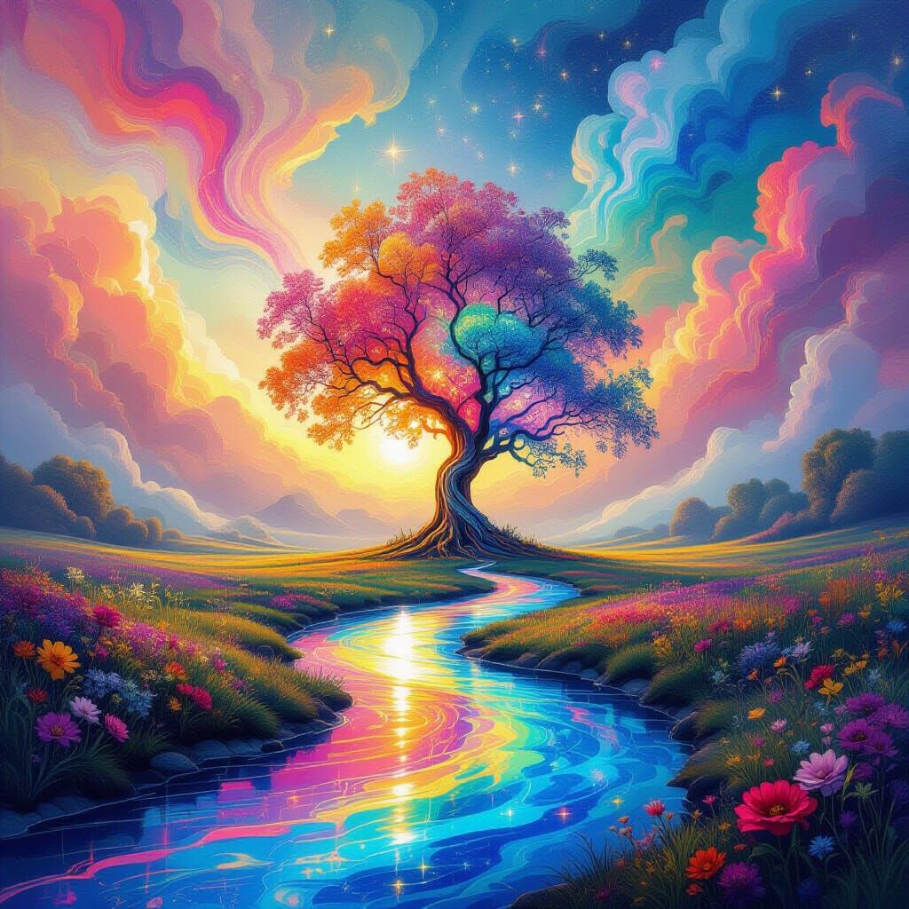 Vibrant abstract landscape with swirling, colorful energy patterns and a fantastical tree.
Dreamlike scene with a rainbow river reflecting a...
