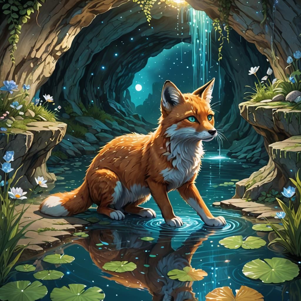 Fox-like Cat Touches Moonlit Pond in Glowing Cave