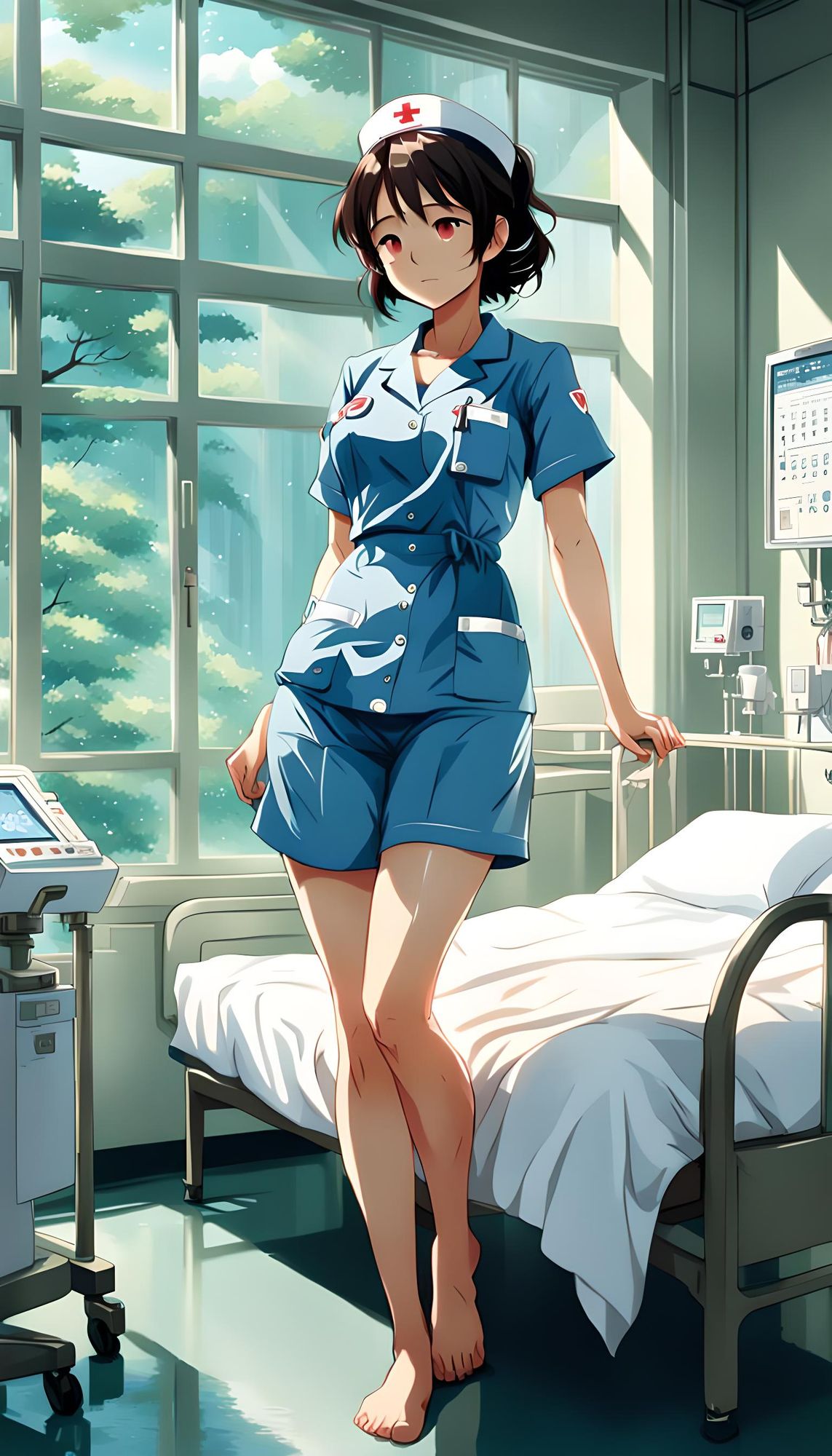 Beautiful nurse young woman tight sleepwear, full body, royal hospital, cutest legs, lovely chest