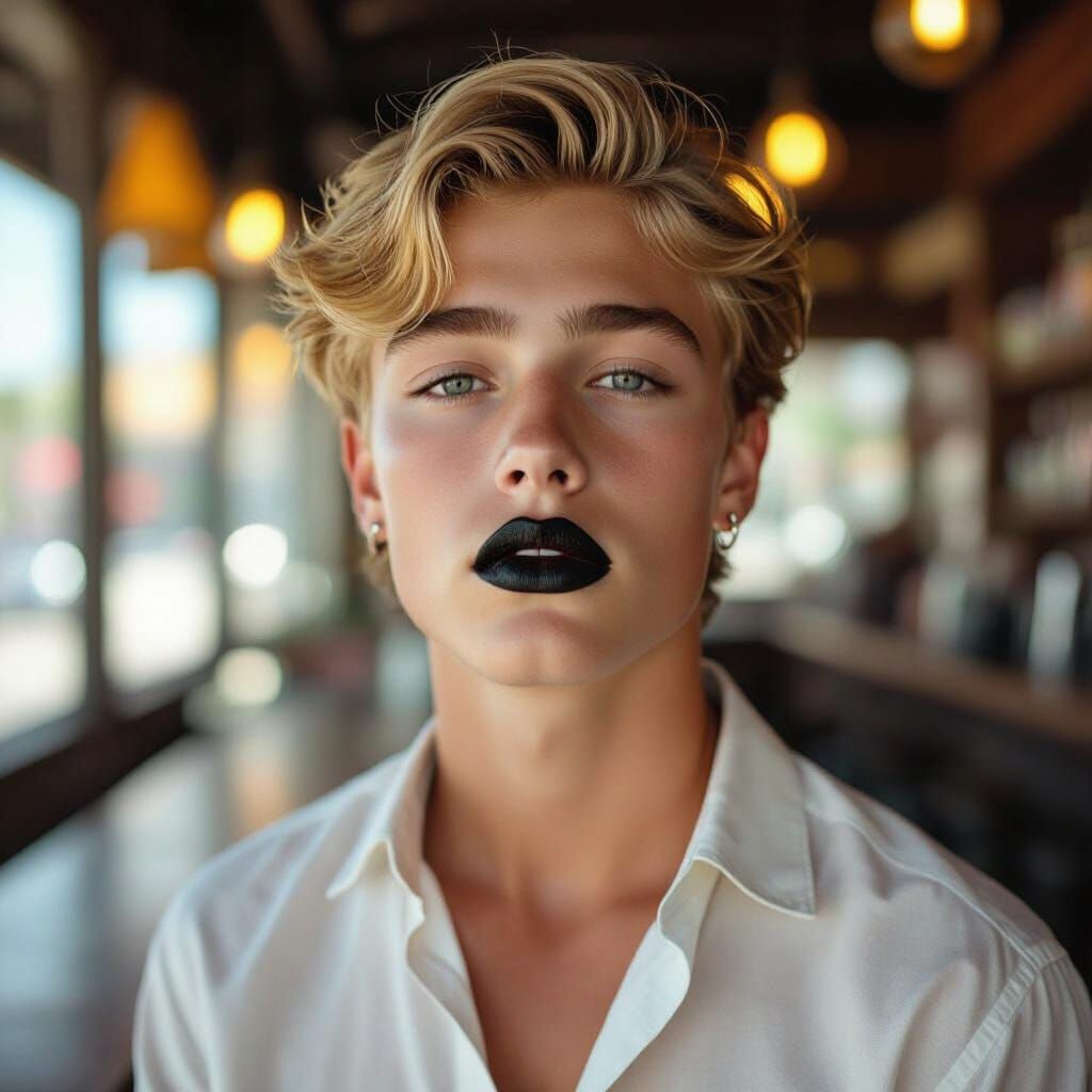 Attractive Teen Model in Sun-Drenched City Bar