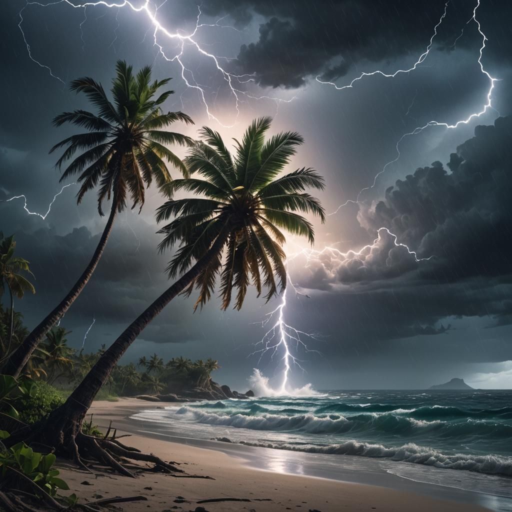 Stormy Seascape with Windswept Palm in Fantasy Art