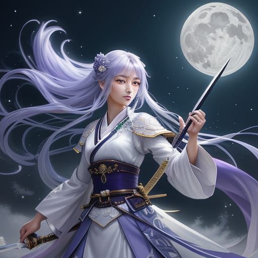Sweet Swordswoman Under Moonlight in Japanese Anime Style