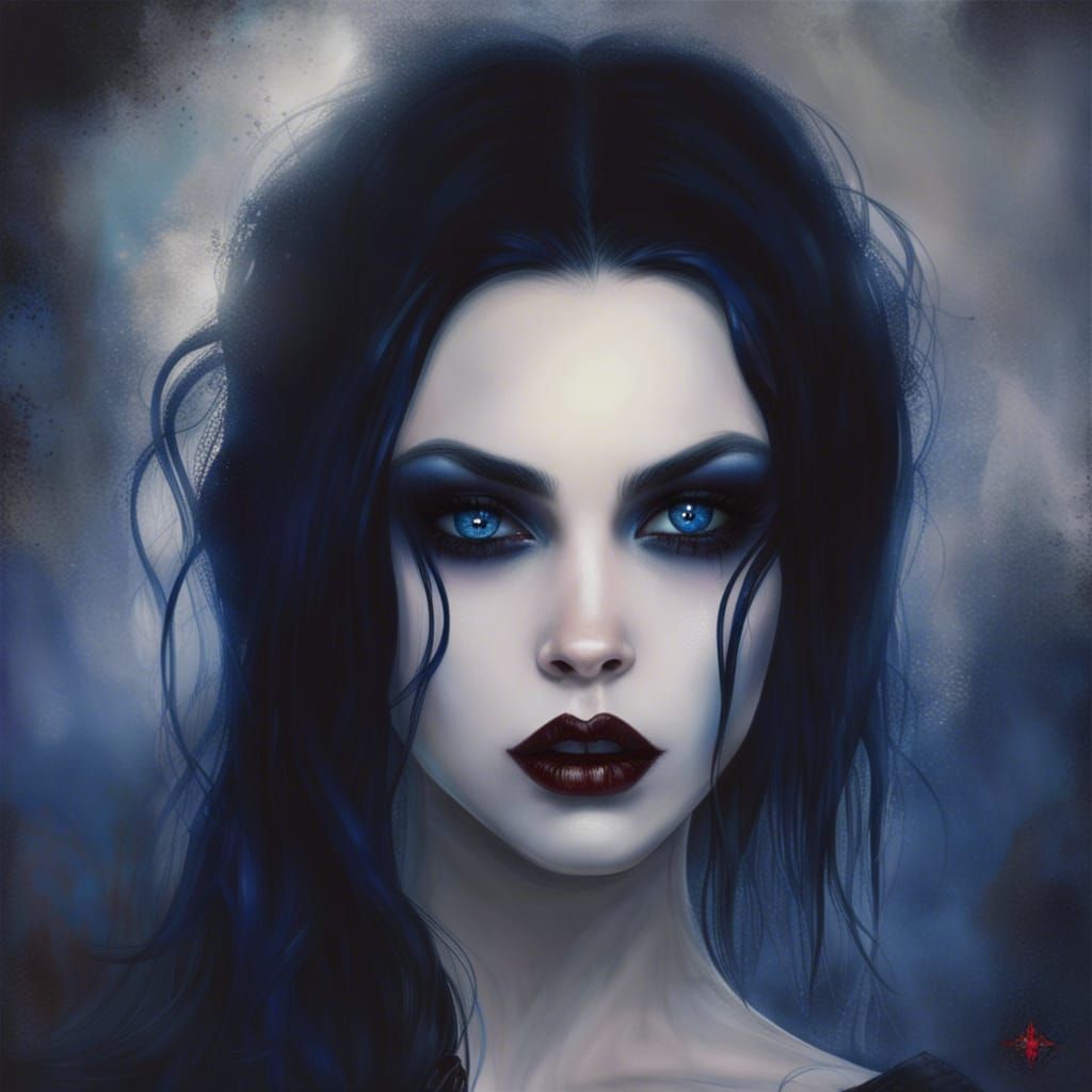 Gothic vampire lady with long black hair& red eyes& cobalt blue