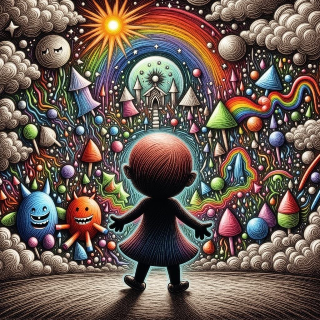 <lora:Crayon Doodles 2:1.0> Kid's drawing of dreams