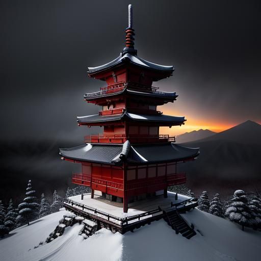 Japanese Temple Blizzard on Mount Fuji: Ukiyo-e Print