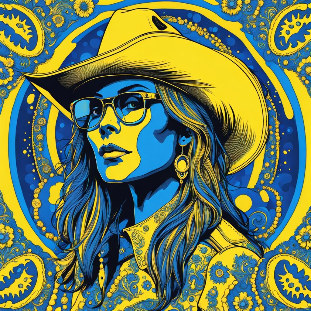 Psychedelic Cowgirl in blue and yellow