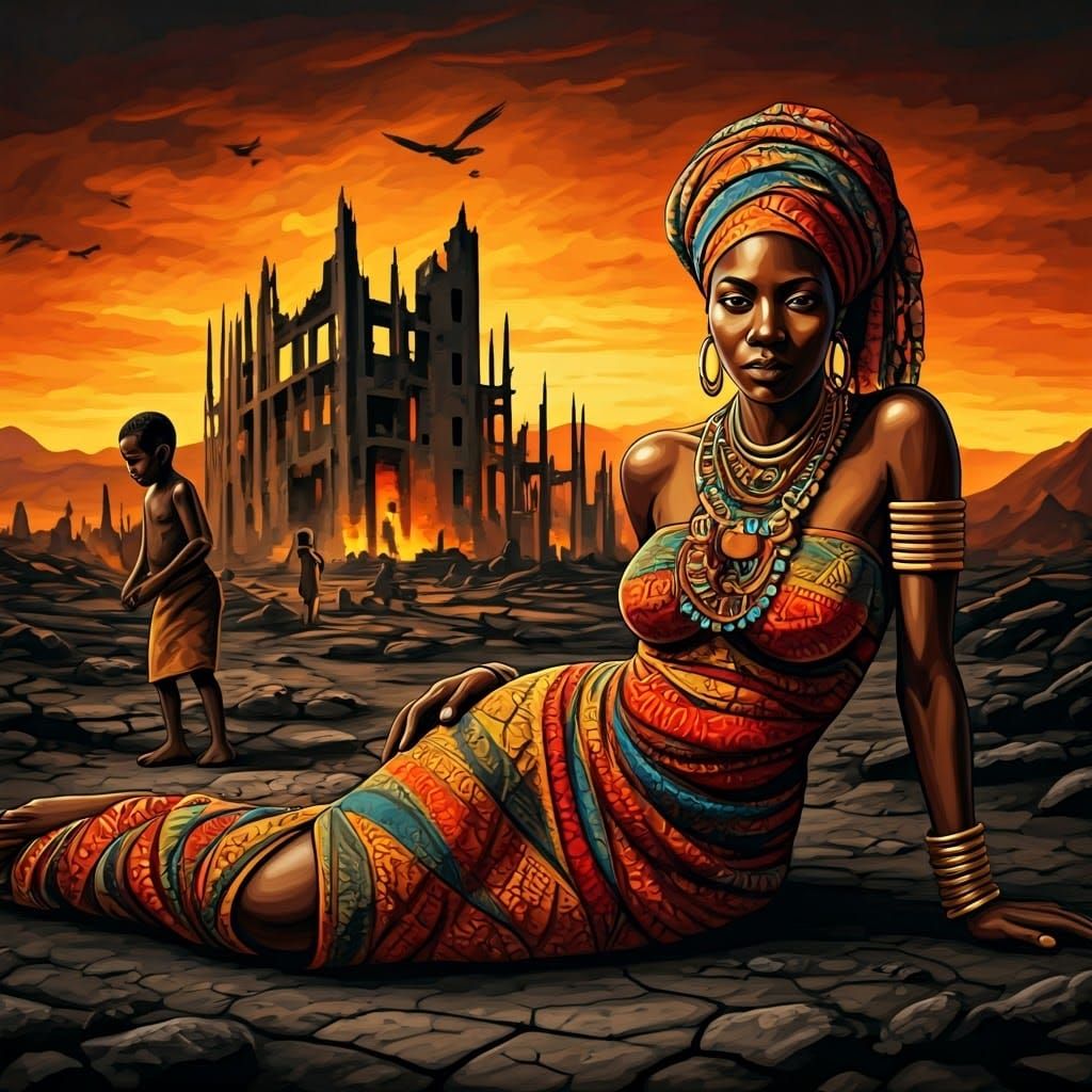 Mother Goddess in Post-Apocalyptic Ruins with African Childr...