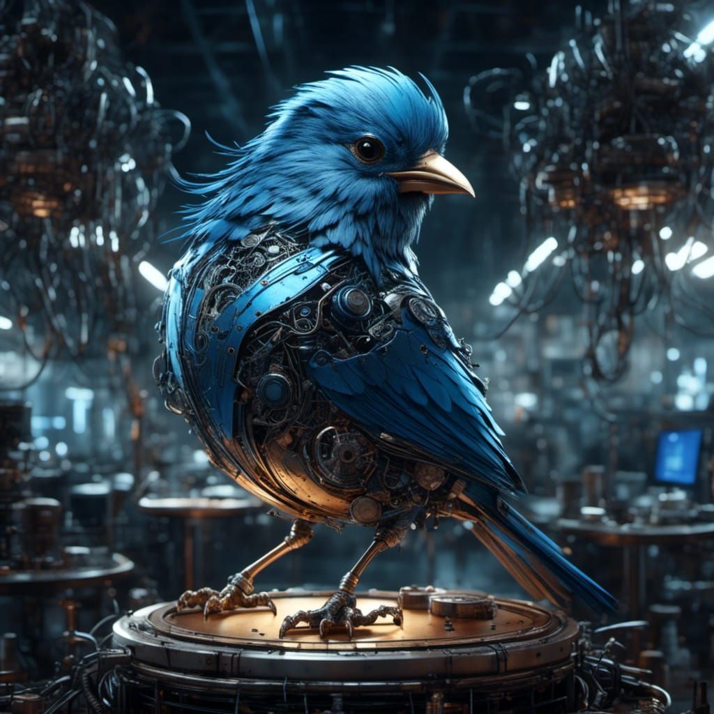 A round blue cybernetic bird, with detailed feathers sits on a birdstand, wires and visible cybernetics, laboratory in the background <lora:...