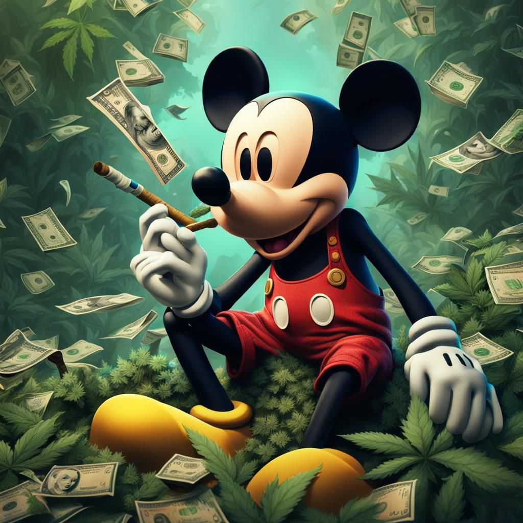 Mickey Mouse Smoking a Spliff surrounded by weed leaves and cash - AI ...