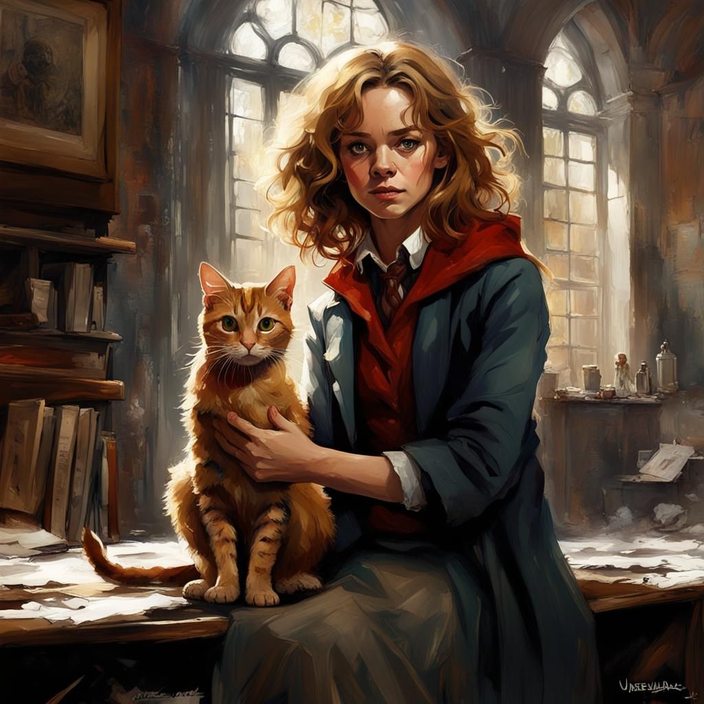 Hermione with Crookshanks - AI Generated Artwork - NightCafe Creator