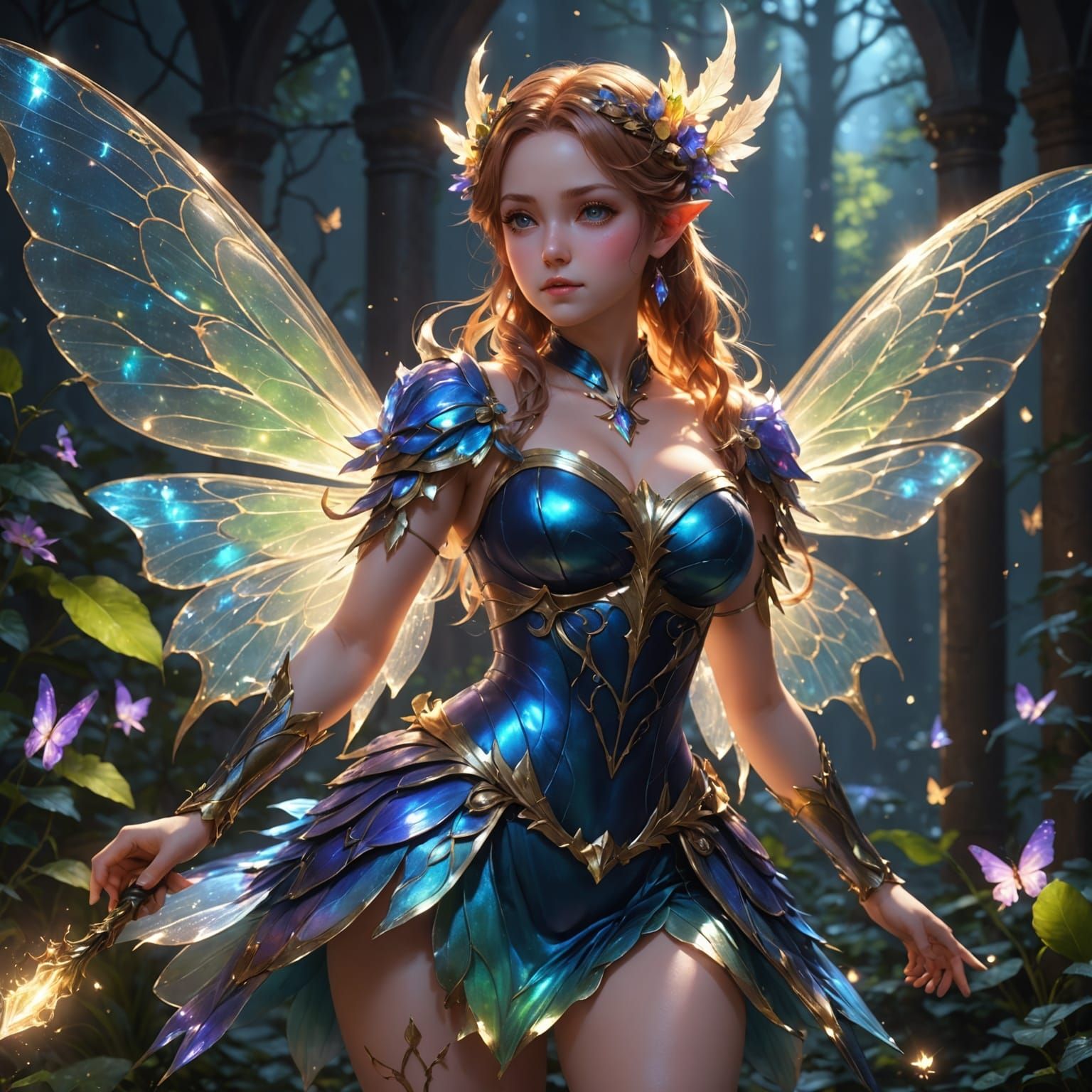 A full-figured fairy transforms with a flash of light 