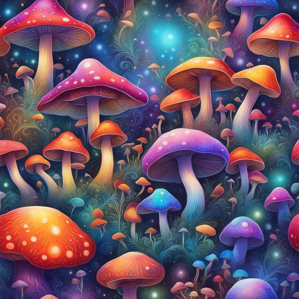 A field of mushrooms that are several colors