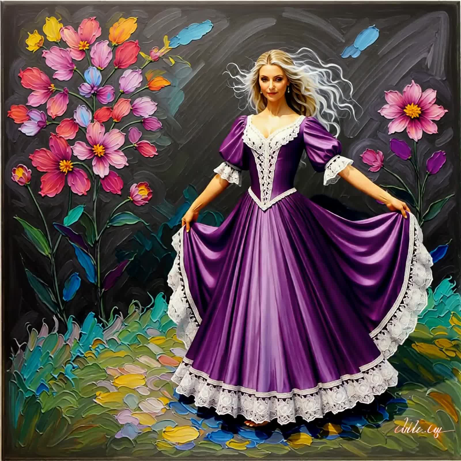 an acrylic and chalk painting of a beautiful gypsy woman with blonde with white streaks wispy hair, wearing bright purpl...