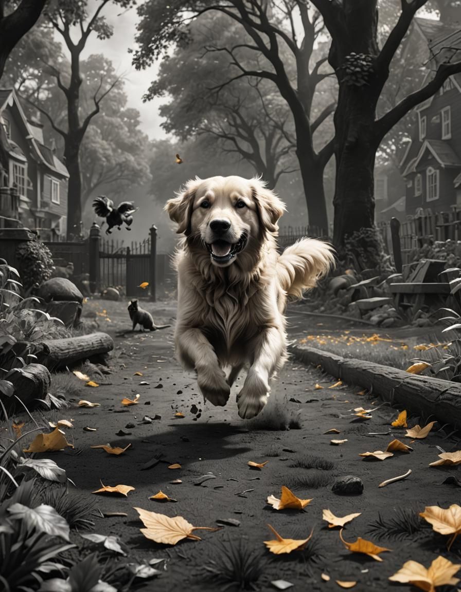 in all black and white color, feature a golden retriever chasing a squirrel around the yard.  by @ProfoundPrompts