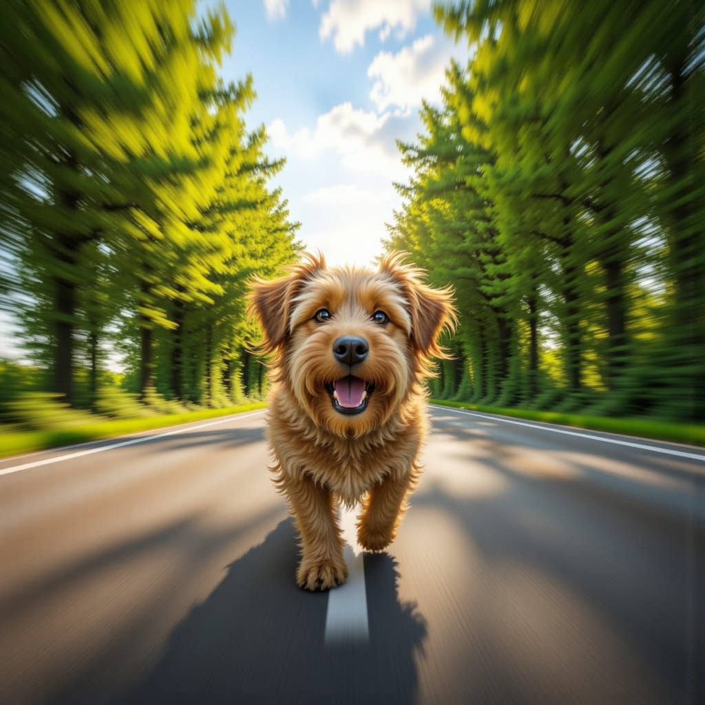 <lora:Motion Blur Speed:1.3>shaggy dog windy car ride motion blur tree lined road
