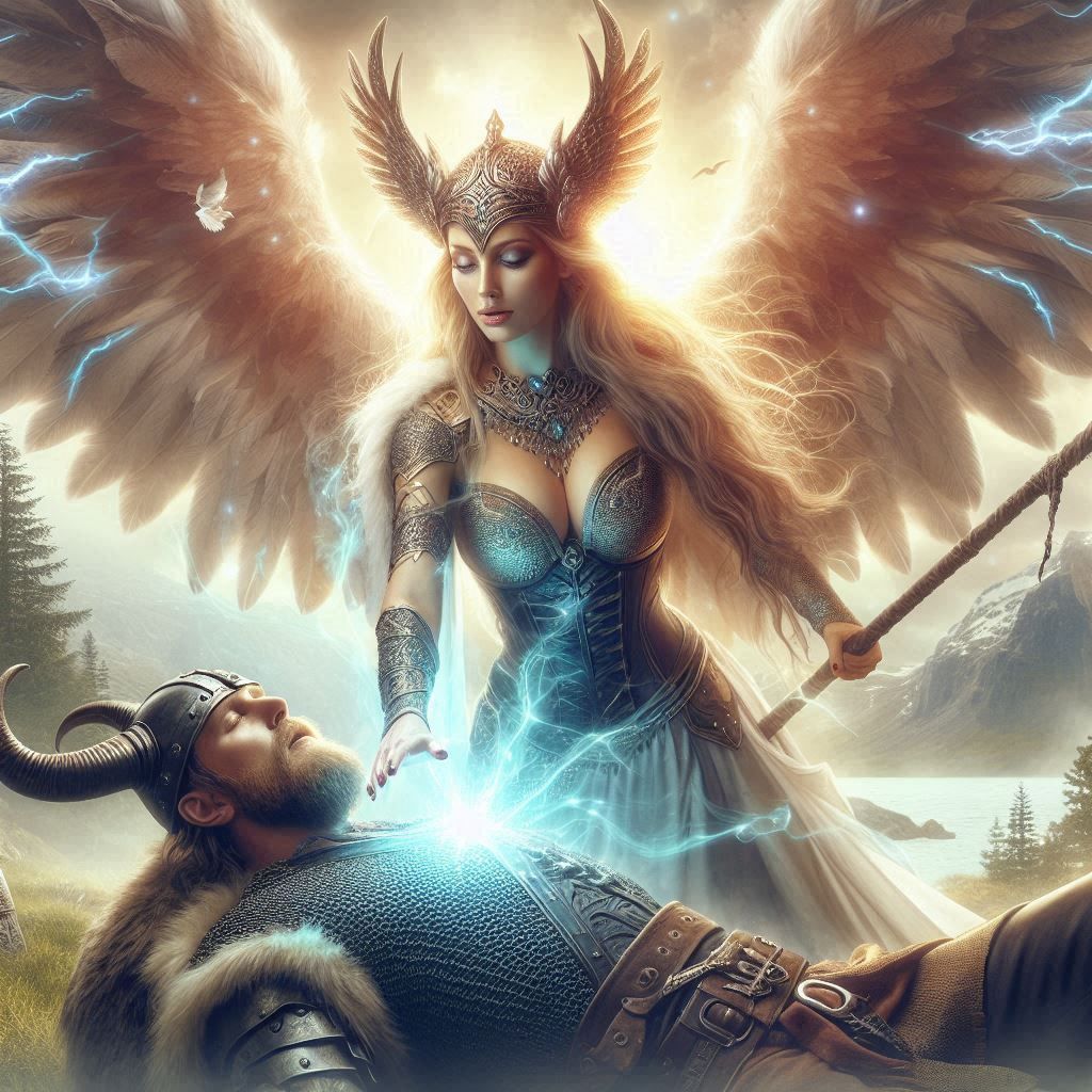 Valkyrie guiding a warrior to Valhalla