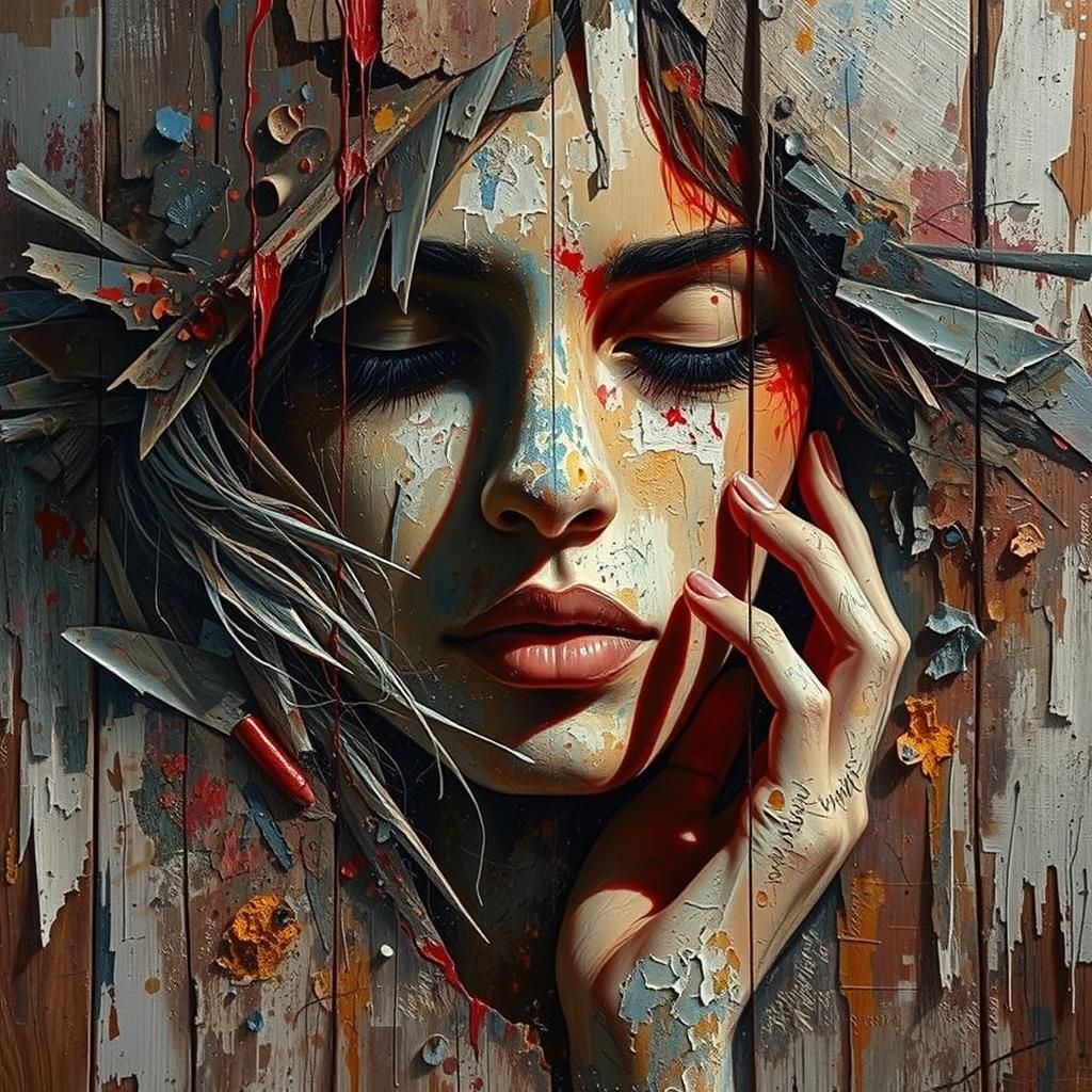 A woman's introspective face, partially obscured by peeling ...